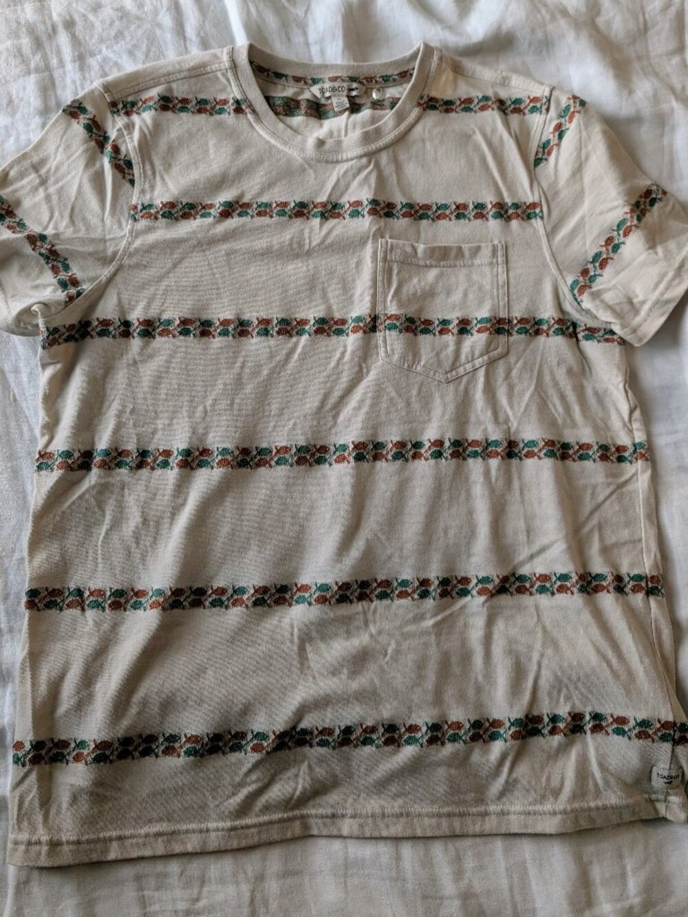Toad&Co Men’s T-Shirt Medium | Striped Fish Pocket Tee | Oatmeal Tan